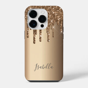 Bronze glitter drip copper monogram iPhone 14 pro case