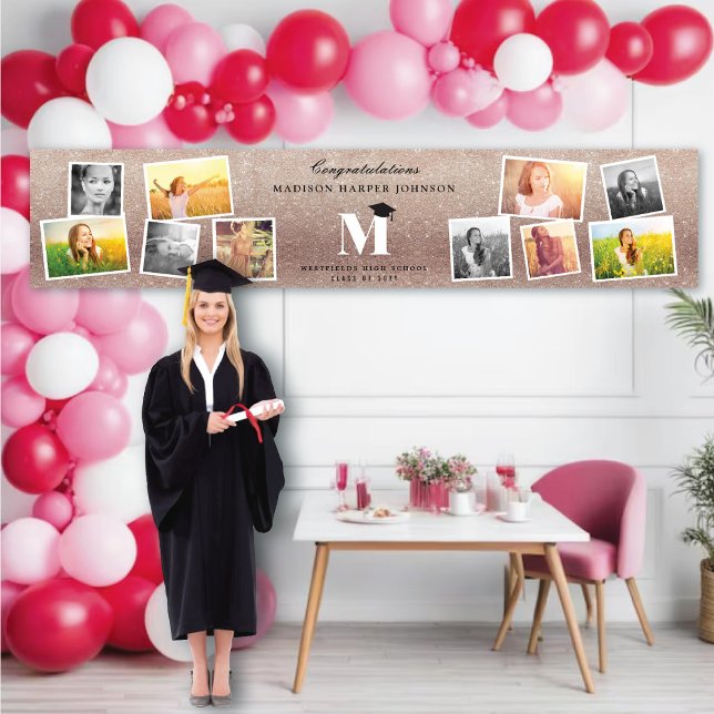 Bronze Glitter Monogram 10 Photo Graduation Party Banner (Bronze Glitter Name Monogram Stylish 10 Photo Graduation Party Banner @ www.zazzle.com/color_therapy)