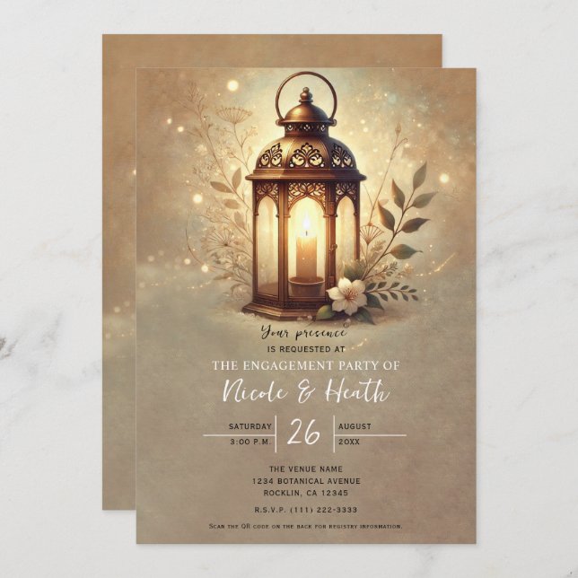 Bronze Glowing Lantern Romantic Rustic Engagement Invitation (Front/Back)