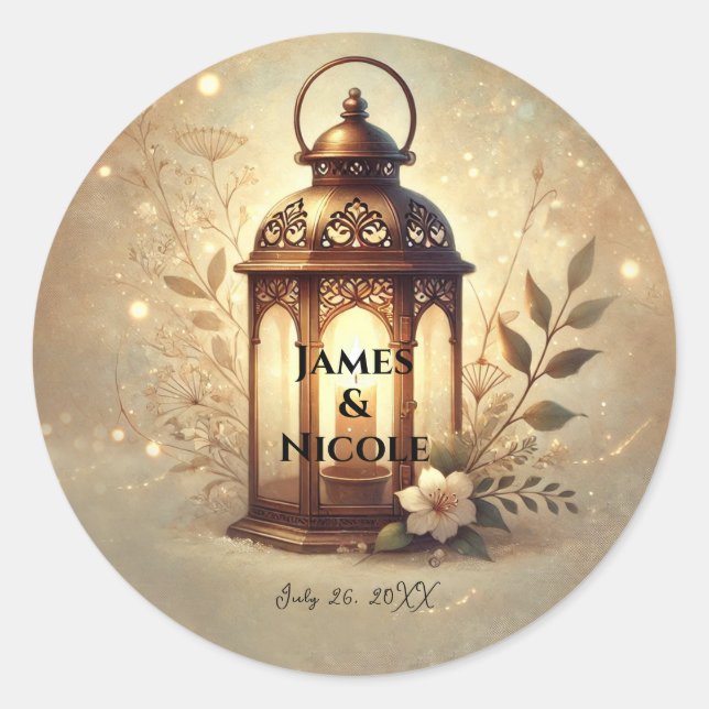 Bronze Glowing Lantern Romantic Rustic Wedding  Classic Round Sticker (Front)