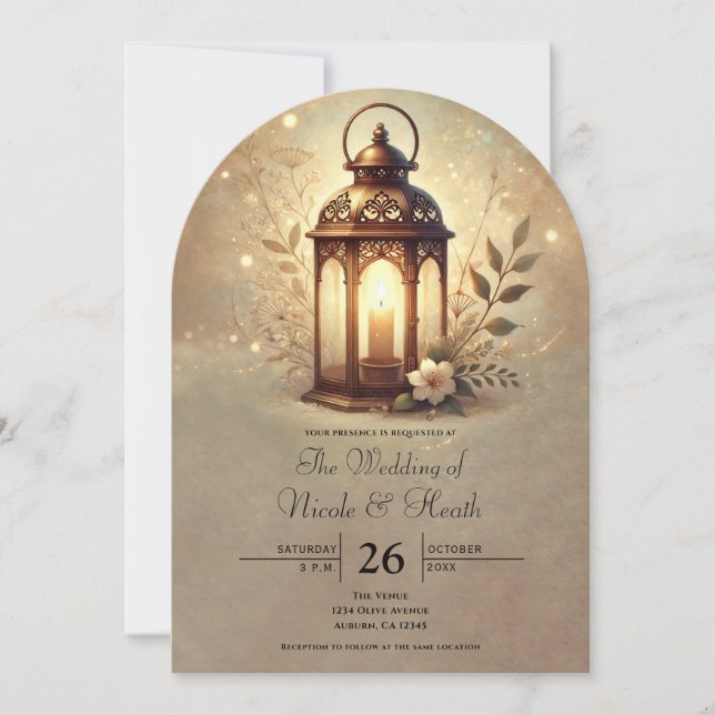 Bronze Glowing Lantern Romantic Rustic Wedding  Invitation (Front)