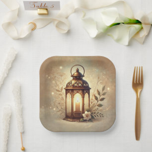 Bronze Glowing Lantern Romantic Rustic Wedding  Paper Plate