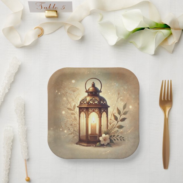 Bronze Glowing Lantern Romantic Rustic Wedding  Paper Plate (Wedding)