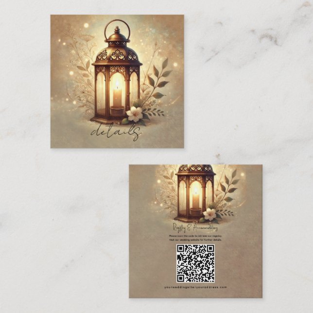 Bronze Glowing Lantern Rustic Wedding Details Square Business Card (Front/Back)