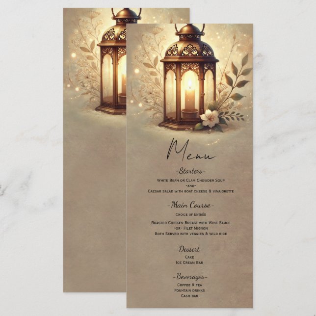 Bronze Glowing Lantern Rustic Wedding Menu (Front/Back)