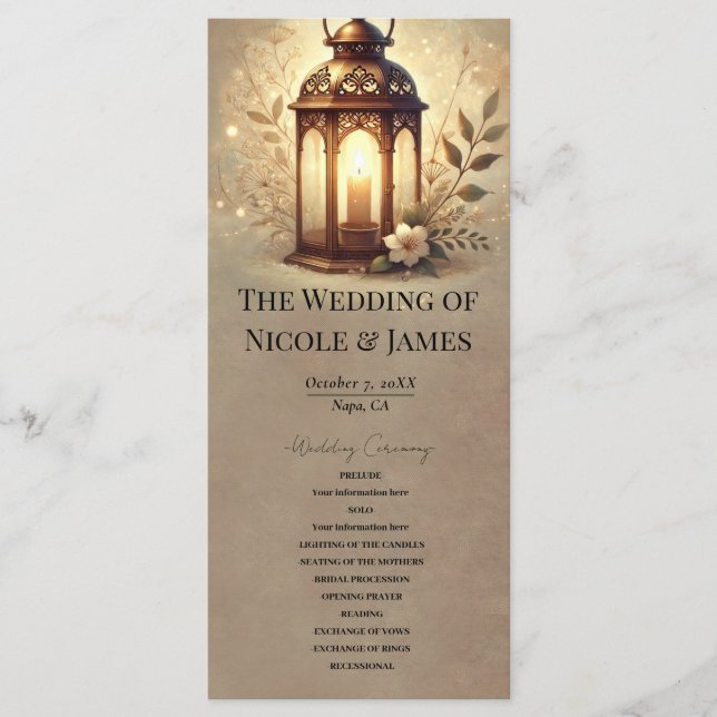 Bronze Glowing Lantern Rustic Wedding Program Programme (Front)