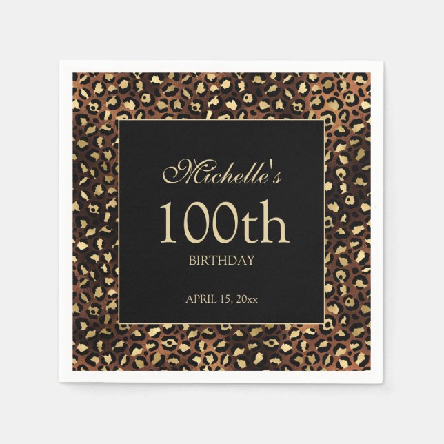 Bronze Gold Black Cheetah Leopard 100th Birthday Napkin (Front)