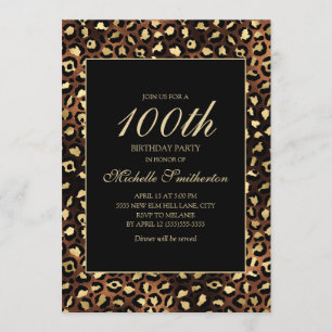Bronze Gold Black Leopard 100th Birthday Party Invitation