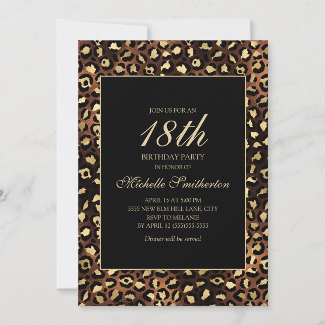 Bronze Gold Black Leopard 18th Birthday Party Invitation (Front)