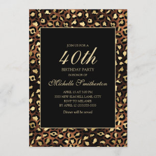 Bronze Gold Black Leopard 40th Birthday Party Invitation