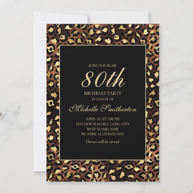 Bronze Gold Black Leopard 80th Birthday Party Invitation (Front)