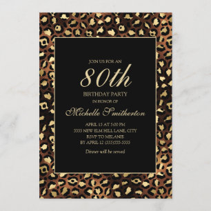 Bronze Gold Black Leopard 80th Birthday Party Invitation