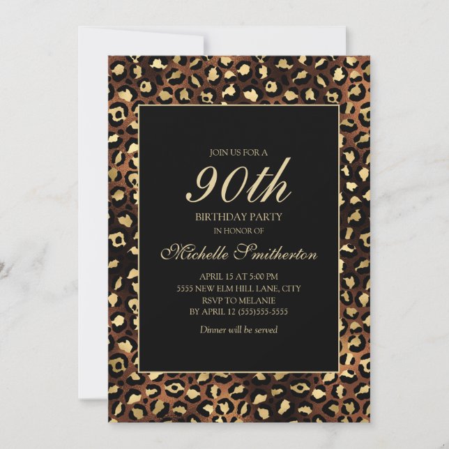 Bronze Gold Black Leopard 90th Birthday Party Invitation (Front)