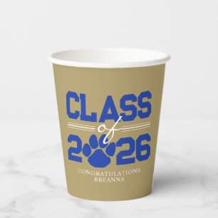 Bronze Gold & Blue Pawprint Class of Graduation Paper Cups