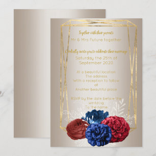 Bronze Gold Bouquet Elegant Red Blue Wedding Invitation