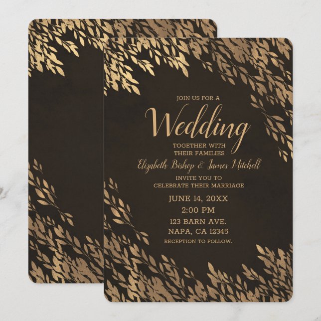 Bronze Gold Leaves Brown Chic Rustic Wedding Invitation (Front/Back)