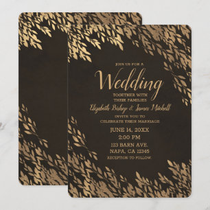 Bronze Gold Leaves Brown Chic Rustic Wedding Invitation