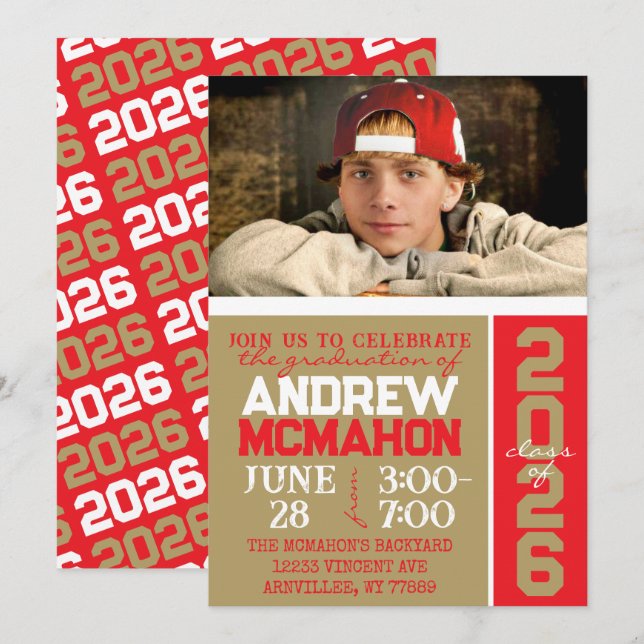 Bronze Gold & Red Graduation Photo Invitation (Front/Back)