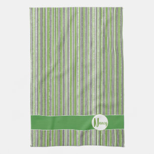 Bronze, Green, and White Stripes Monogram Tea Towel