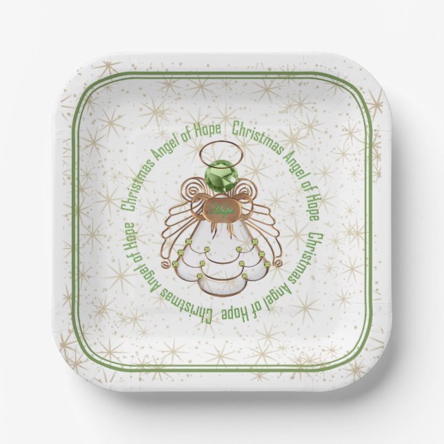 Bronze & Green Christmas Angel of Hope & Stars Paper Plate (Front)