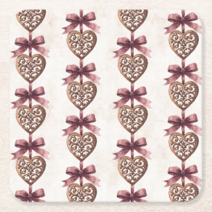 Bronze Hearts Red Bows Bridal Shower Square Paper Coaster