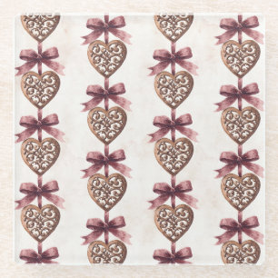 Bronze Hearts Red Bows Glass Coaster
