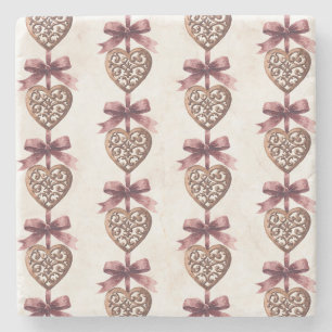 Bronze Hearts Red Bows Stone Coaster