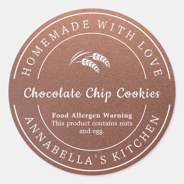 Bronze Homemade with Love Food Allergen Warning Classic Round Sticker (Front)