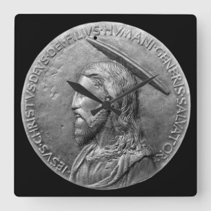Bronze Jesus Christ Sculpture Portrait Latin Text Square Wall Clock