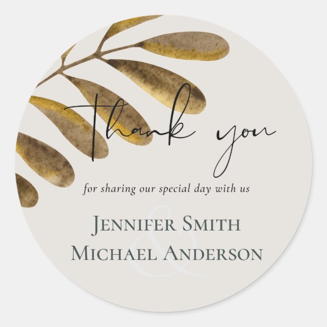 Bronze leaf Wedding Thank you Favour Classic Round Sticker (Front)