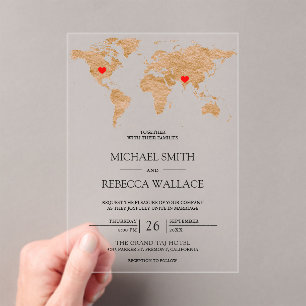 Bronze Marble World Map Traveling Hearts Wedding Acrylic Invitations