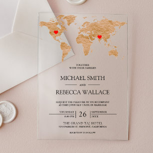 Bronze Marble World Map Traveling Hearts Wedding Acrylic Invitations