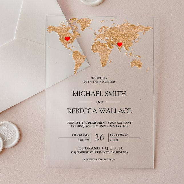Bronze Marble World Map Traveling Hearts Wedding Acrylic Invitations (Creator Uploaded)
