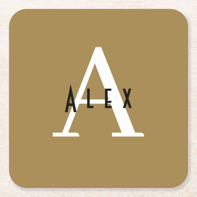 Bronze Mist Brown Modern Custom Monogram Square Paper Coaster (Front)