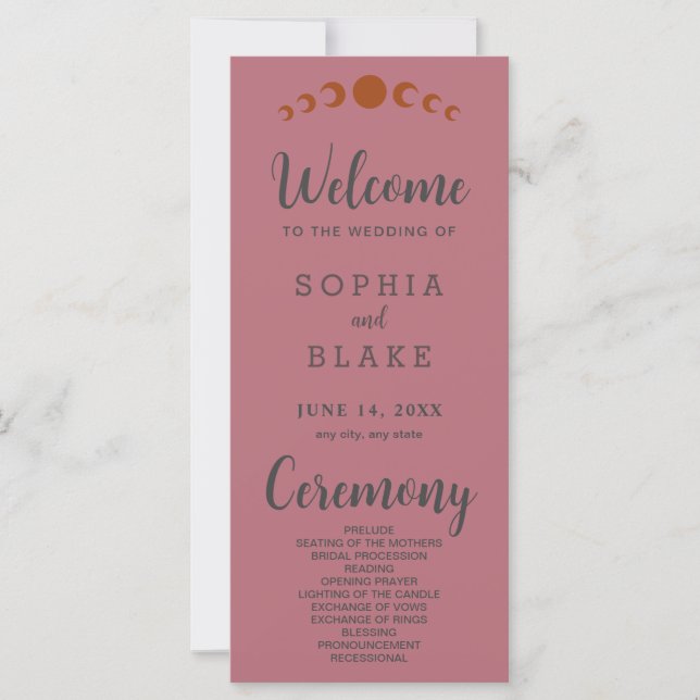 Bronze Moon Phases Rose Gold Wedding Program (Front)
