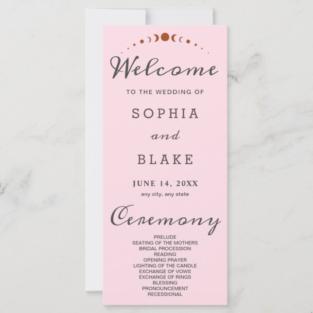Bronze Moon Phases Soft Pink Wedding Program (Front)