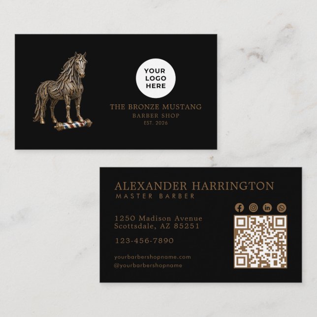 Bronze Mustang Professional Barber Shop Qr Code Business Card (Front/Back)