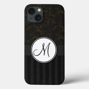 Bronze on Black Floral Wisps, Stripes & Monogram iPhone 13 Case