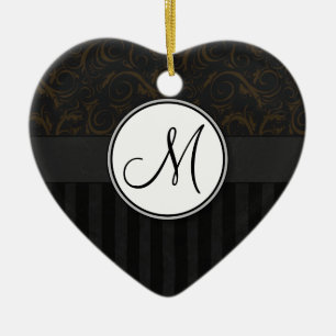 Bronze on Black Floral Wisps, Stripes & Monogram Ceramic Tree Decoration