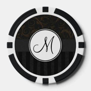 Bronze on Black Floral Wisps, Stripes & Monogram Poker Chips