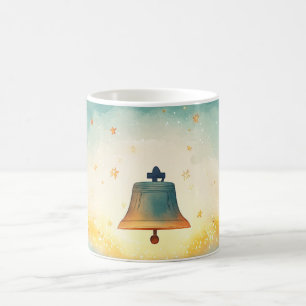 bronze or copper bell with sparkling stars around  coffee mug