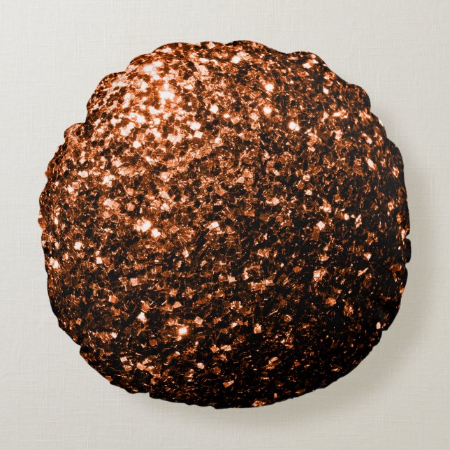 Bronze orange brown copper faux glitters sparkles round cushion (Front)