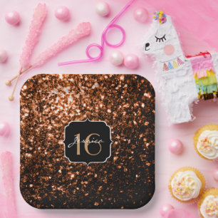 Bronze orange brown copper faux sparkles Sweet 16 Paper Plate