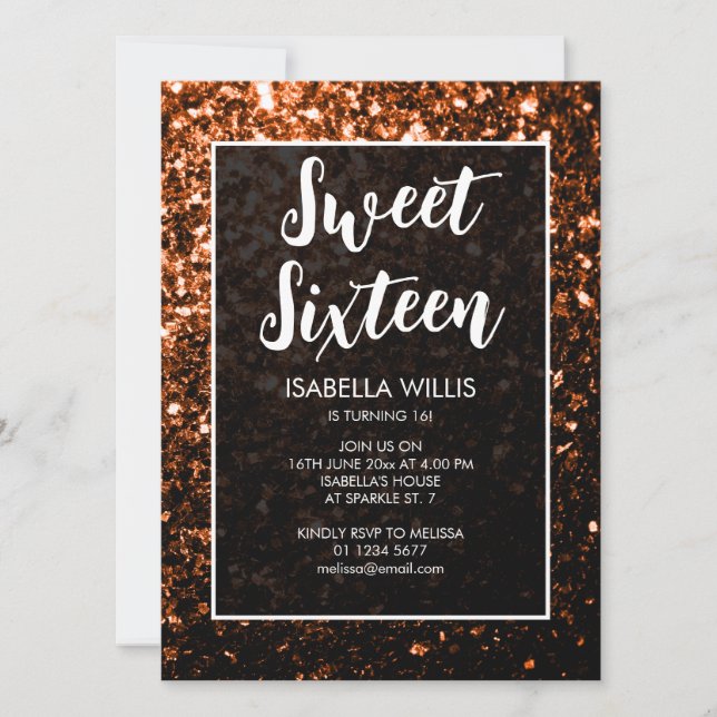 Bronze orange sparkles Sweet 16 elegant script Invitation (Front)