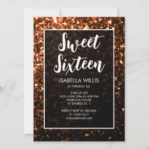 Bronze orange sparkles Sweet 16 elegant script Invitation