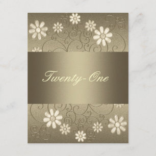 Bronze Pewter Metal Cream Flowers 21st Birthday Invitation