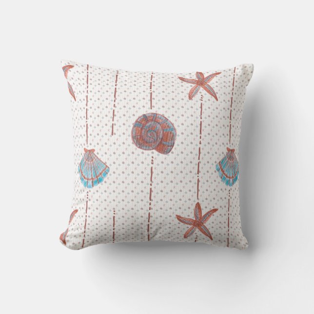 Bronze Pink and Blue Watercolor Seashells Cushion (Front)