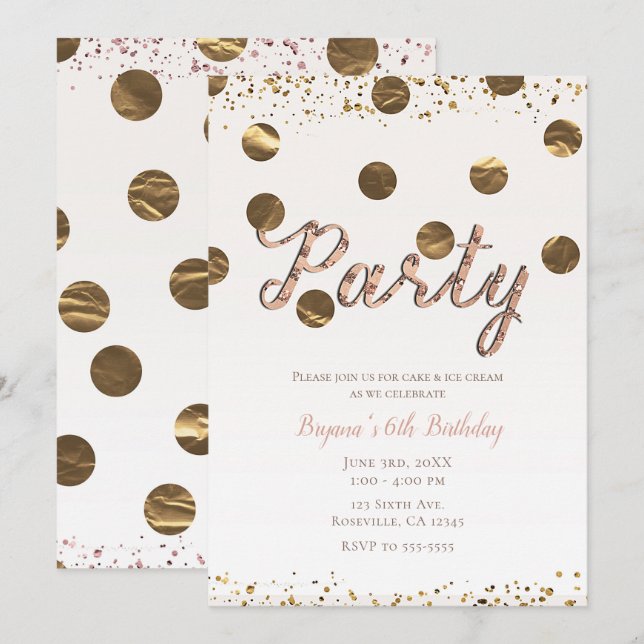 Bronze Polka Dots Rose Gold Modern Birthday Party Invitation (Front/Back)