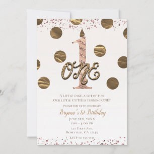 Bronze Polka Dots Rose Gold ONE 1 1st Birthday Invitation