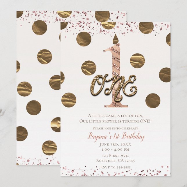 Bronze Polka Dots Rose Gold ONE 1 1st Birthday Invitation (Front/Back)